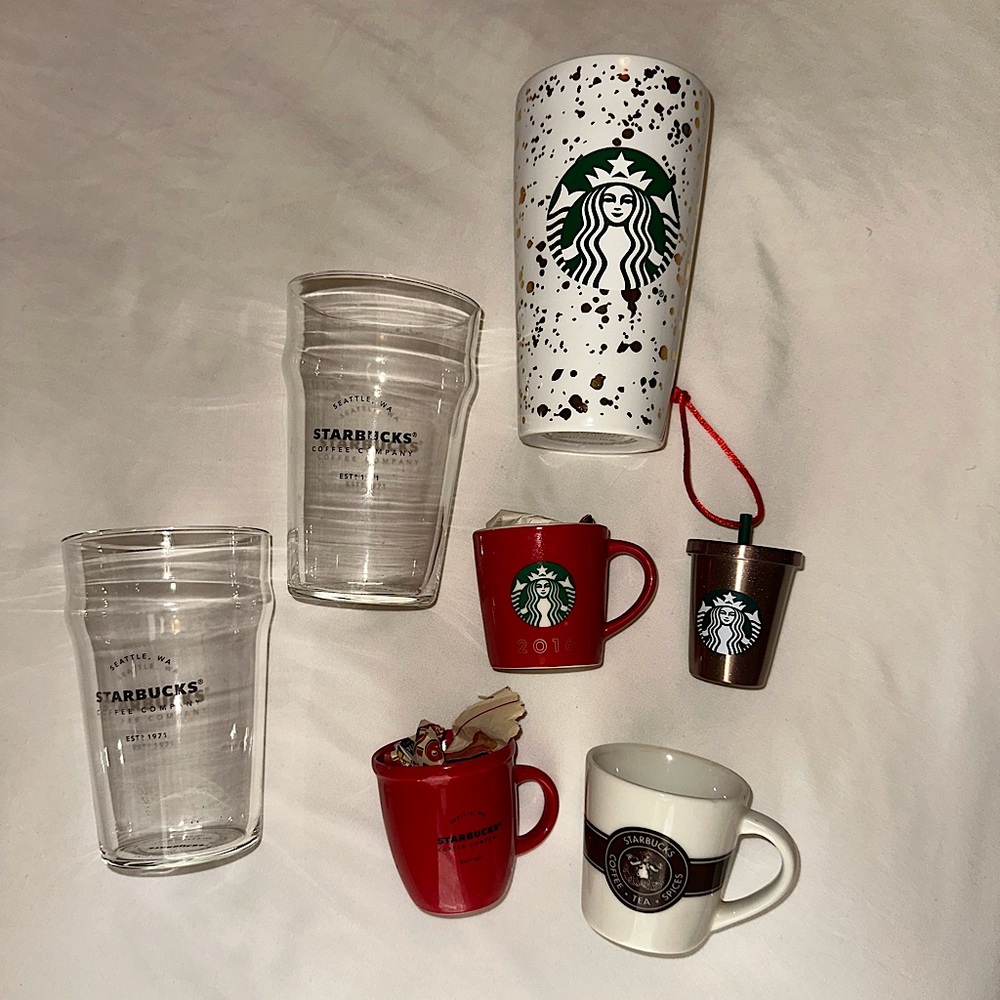Starbucks pint glasses, ceramic tumbler, espresso cups and ornament.